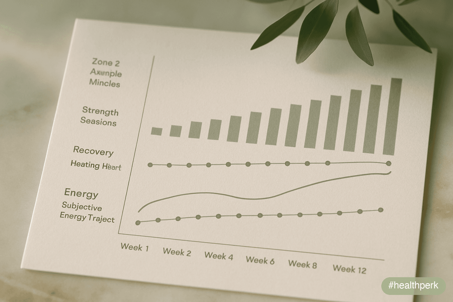 Timeline graphic showing weeks 1–12 with progressive zone-2 aerobic minutes (90→180/week), strength sessions (1→2/week), recovery markers (resting HR, HRV trend), and subjective energy trajectory — illustrating how to increase stamina and energy.