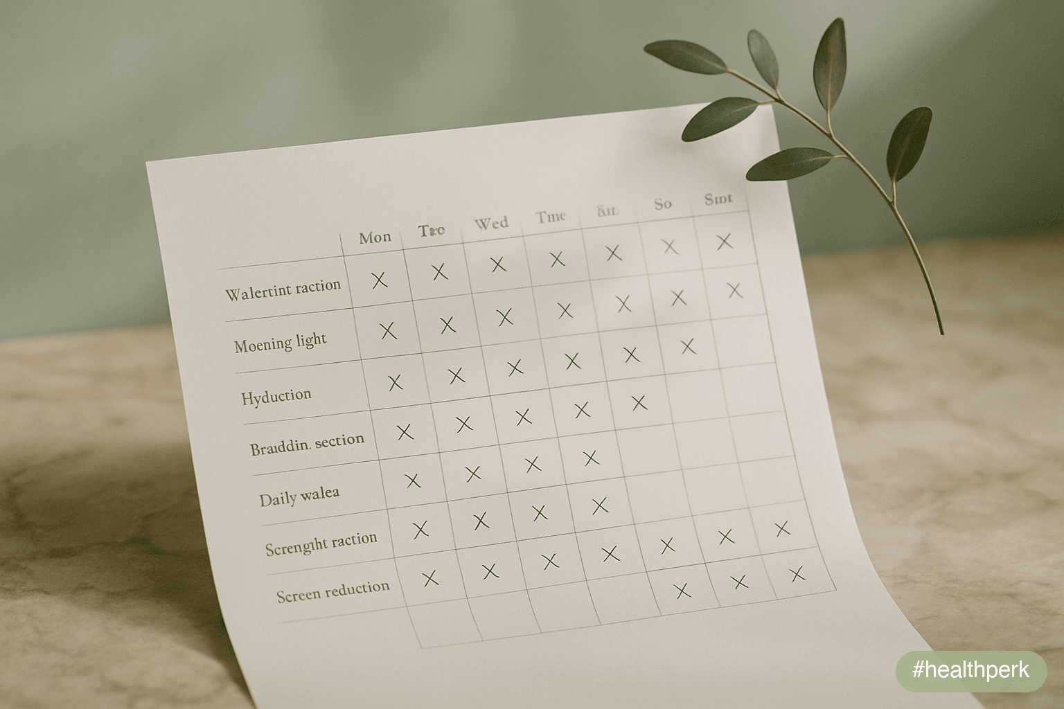 Calendar grid showing two weeks with progressive interventions: wake-time anchor, morning light, hydration, breakfast restructure, daily walks, strength session, screen reduction — illustrating a 14-day plan to boost energy naturally without caffeine.