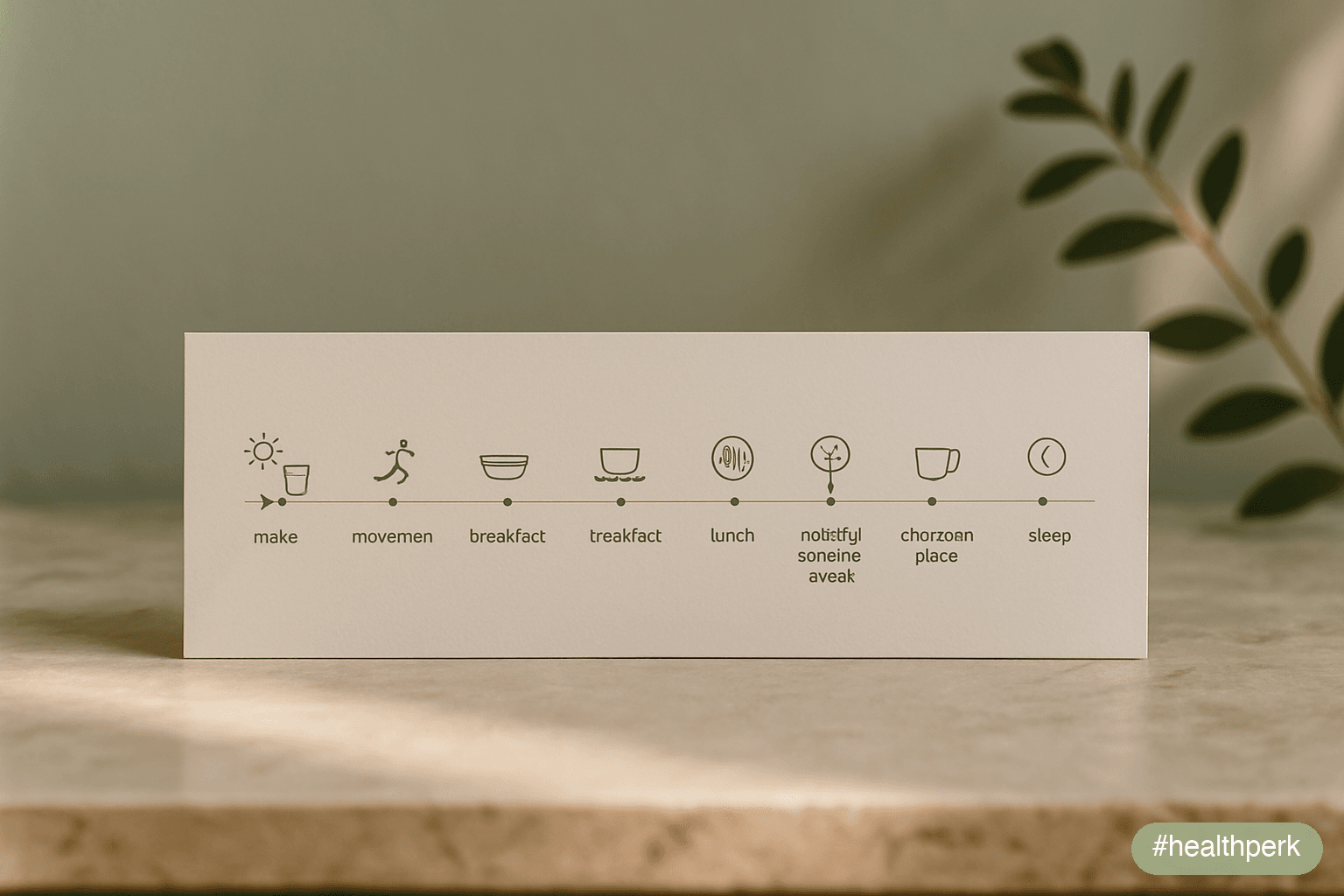 Horizontal 24-hour timeline showing recommended timings: wake + light + water (0:00–0:30), movement (0:15–0:45), breakfast (0:30–1:00), first caffeine (1:00–1:30), focused work (1:30–4:00), lunch (5:00–6:00), midday outdoor break (6:00–6:30), afternoon block (6:30–9:30), caffeine cutoff (8 hours before bed), dim lighting (3 hours before bed), bed (16:00–16:30) — illustrating a daily routine to improve energy.