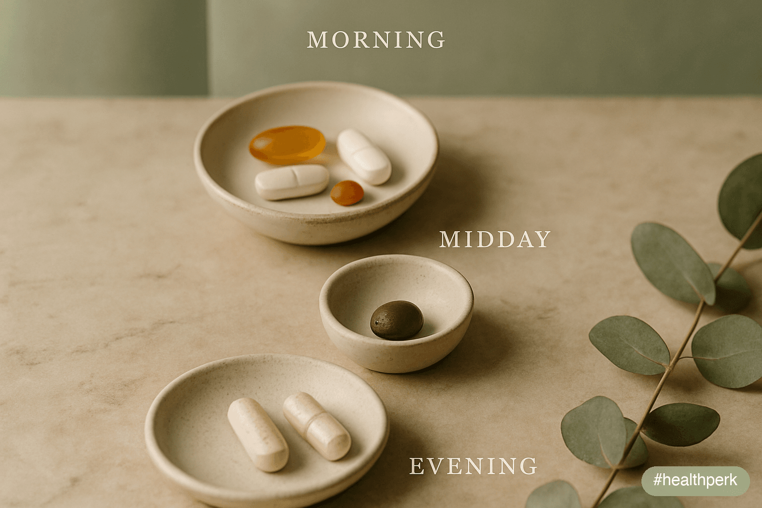 24-hour timeline showing morning stack (B12, vitamin D, rhodiola, caffeine+L-theanine), midday (iron with vitamin C if needed), evening (magnesium glycinate, ashwagandha) — illustrating natural supplements for an energy boost.