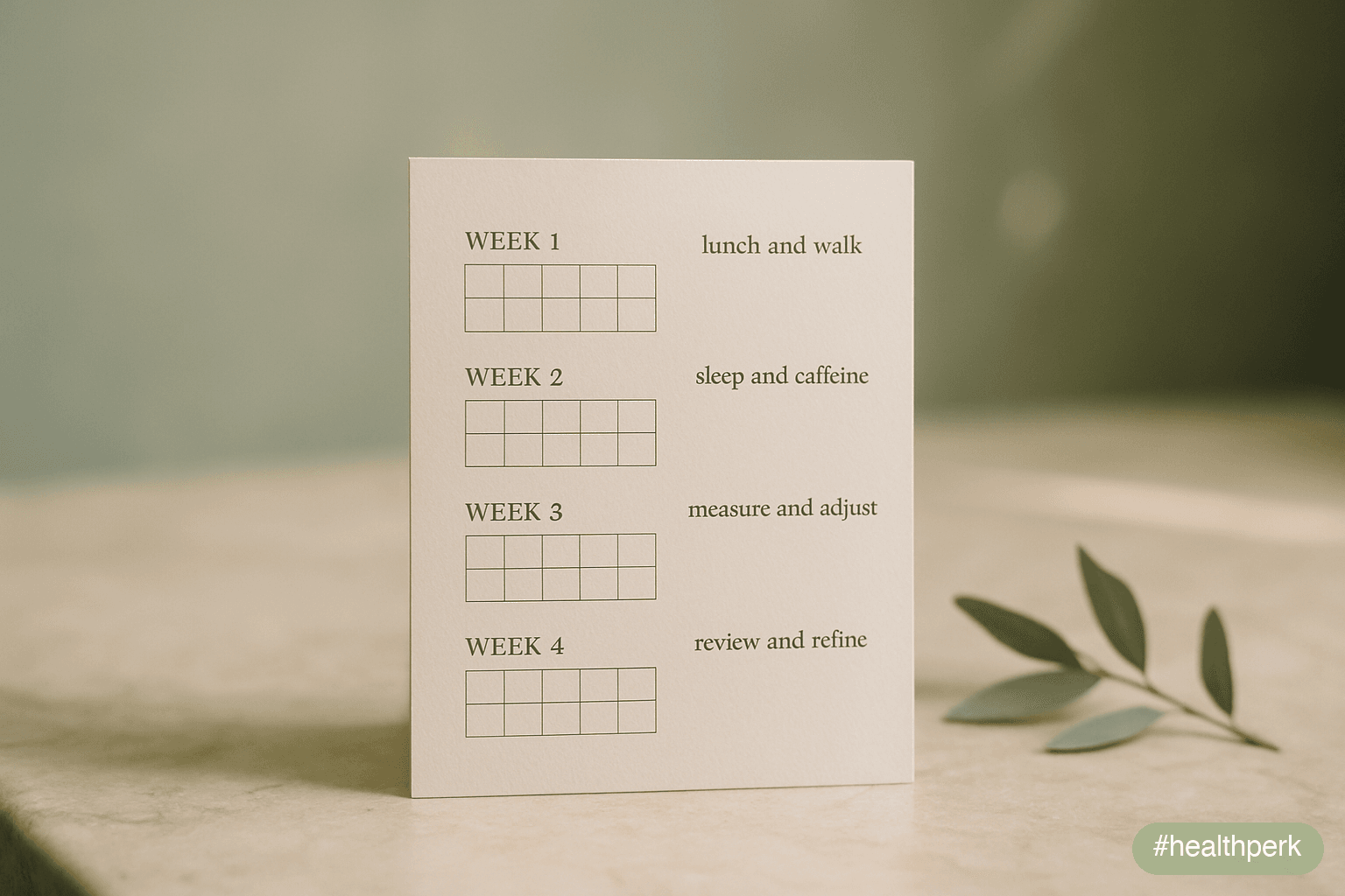 Calendar grid showing week-by-week progression: week 1 lunch and walk, week 2 sleep and caffeine, week 3 measure and adjust, week 4 review and refine — illustrating afternoon energy crash, what to do this week and this month.