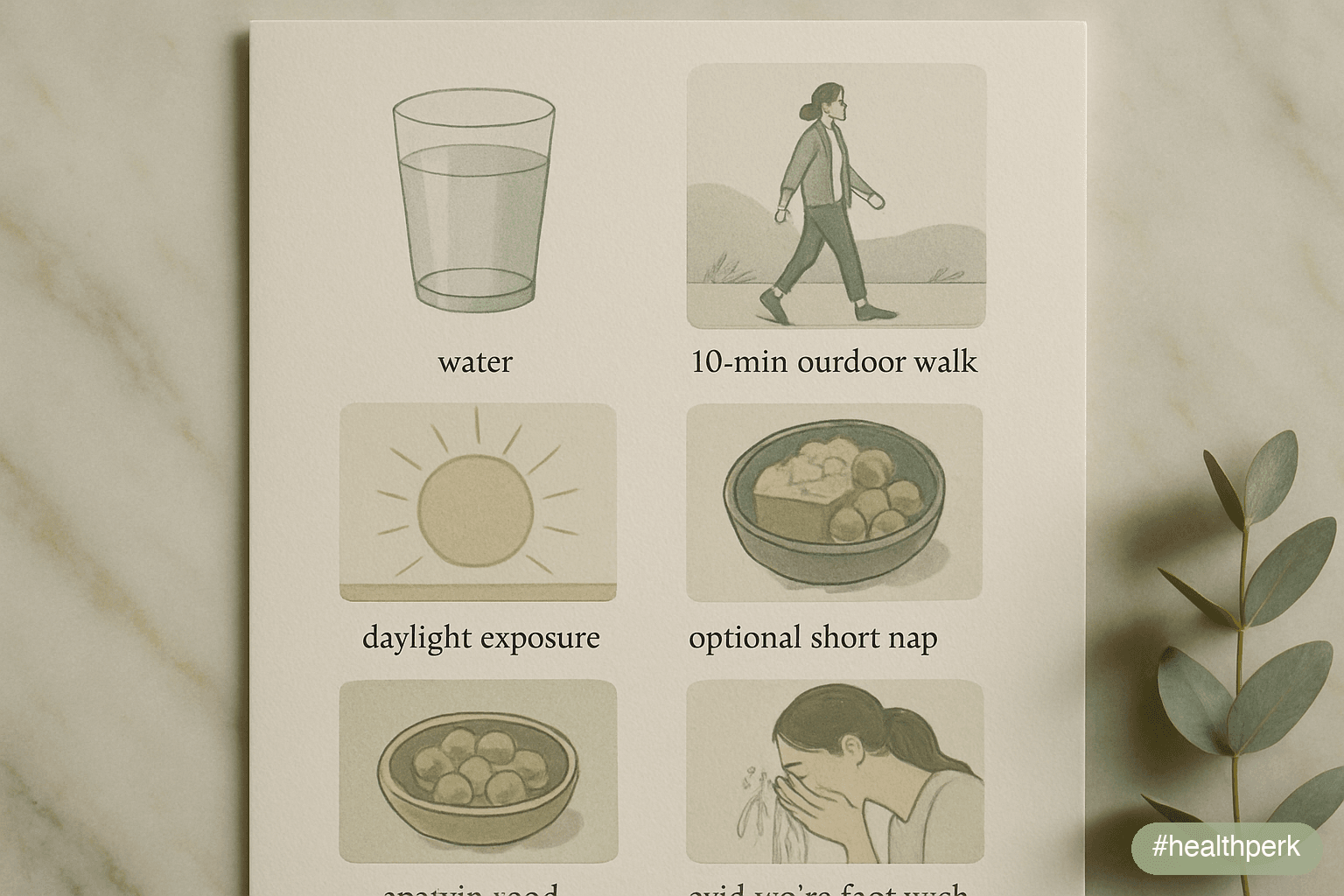 Six-step infographic: water, 10-min outdoor walk, daylight exposure, optional short nap, protein snack if needed, cold-water face wash — illustrating energy crash after lunch and what to do right now.
