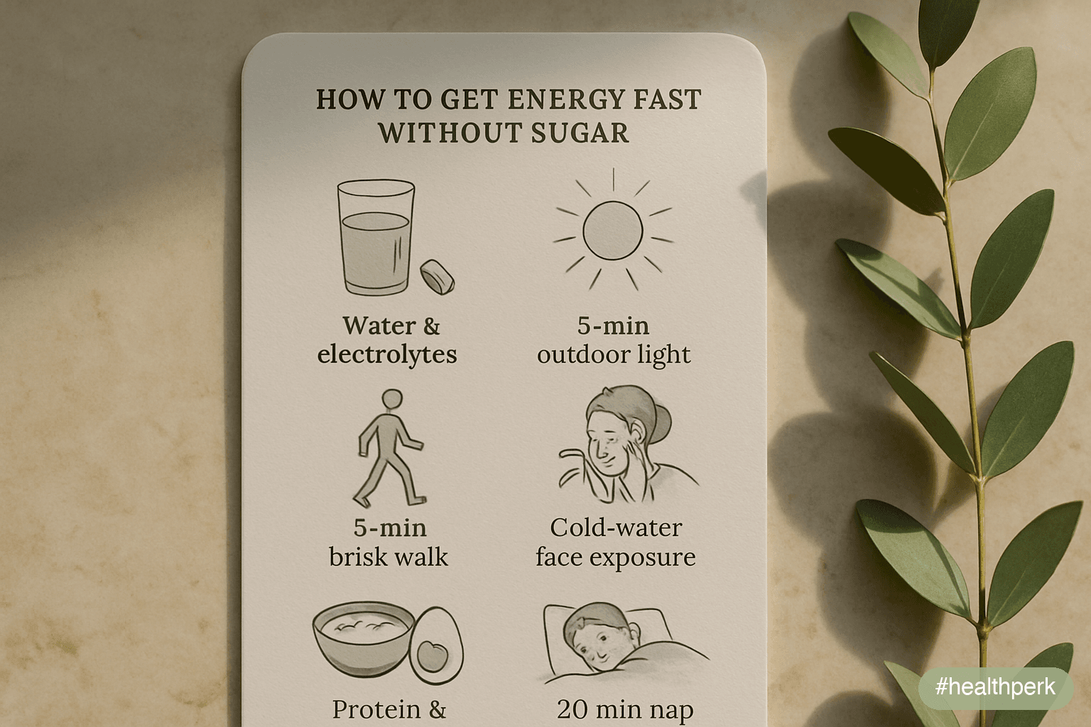 Six-step infographic: water + electrolytes, 5-min outdoor light, 5-min brisk walk, cold-water face exposure, protein/fat snack, 20-min nap if before 15:00 — illustrating how to get energy fast without sugar in the next hour.