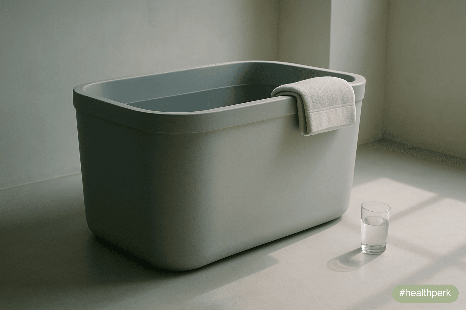 Photo of a tidy home corner with a red LED panel mounted on a stand, a compact cold plunge tub, a smartwatch on a charging dock, and a pair of recovery boots folded against the wall — a small, curated