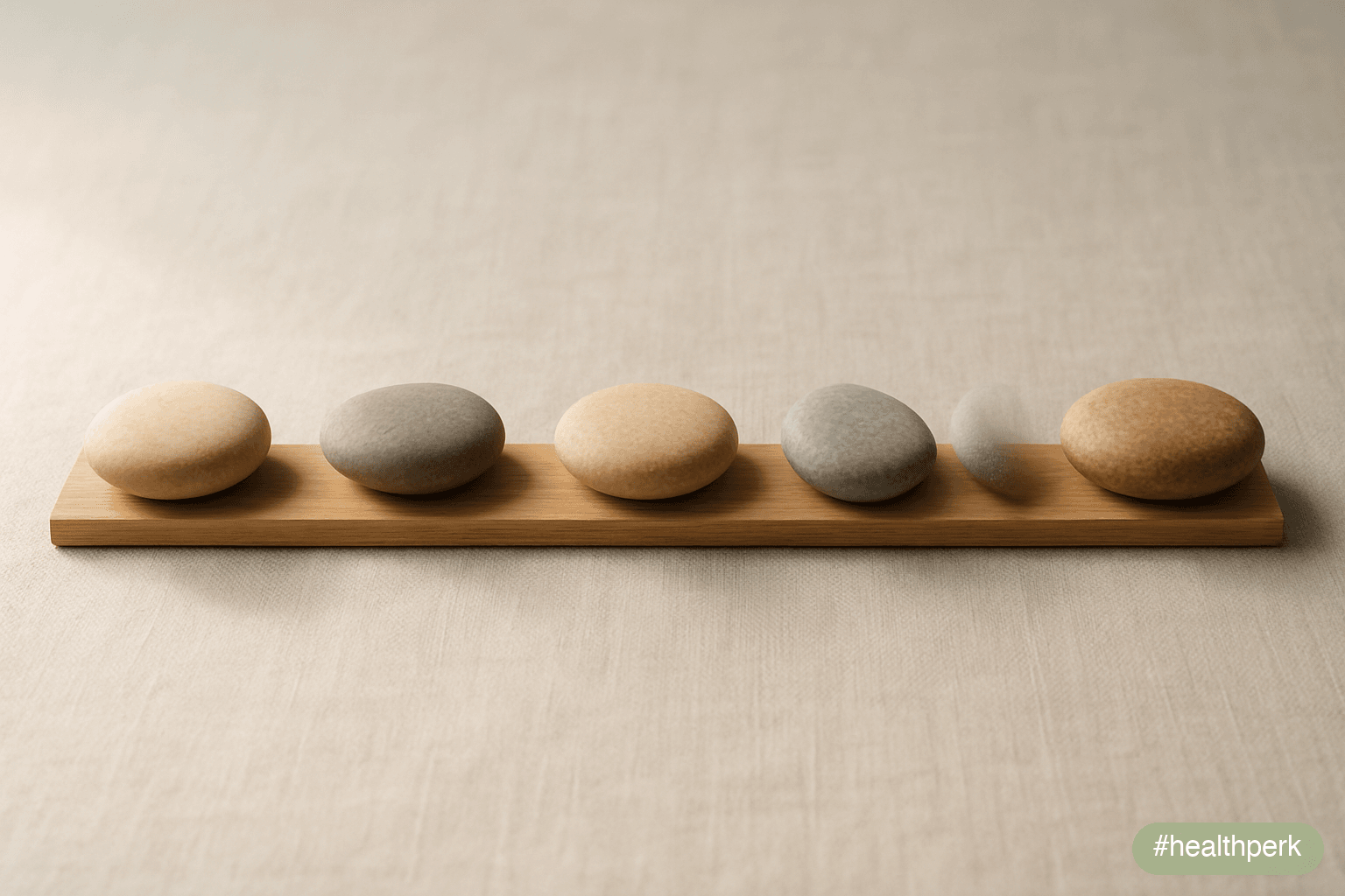 A long thin wooden ruler placed horizontally on a linen surface with five small smooth stones resting on it at intervals — the physical metaphor of a day divided into a handful of fixed anchors, no la