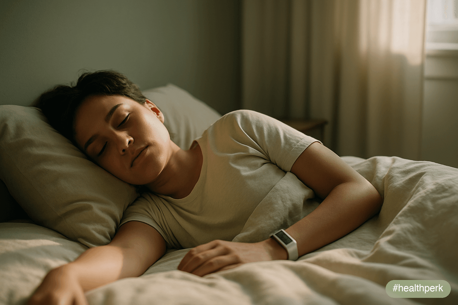 A person asleep in a dark room, one arm resting naturally at their side, face relaxed and neutral — soft ambient light from a window, the room undisturbed and quiet — suggesting deep, uninterrupted re