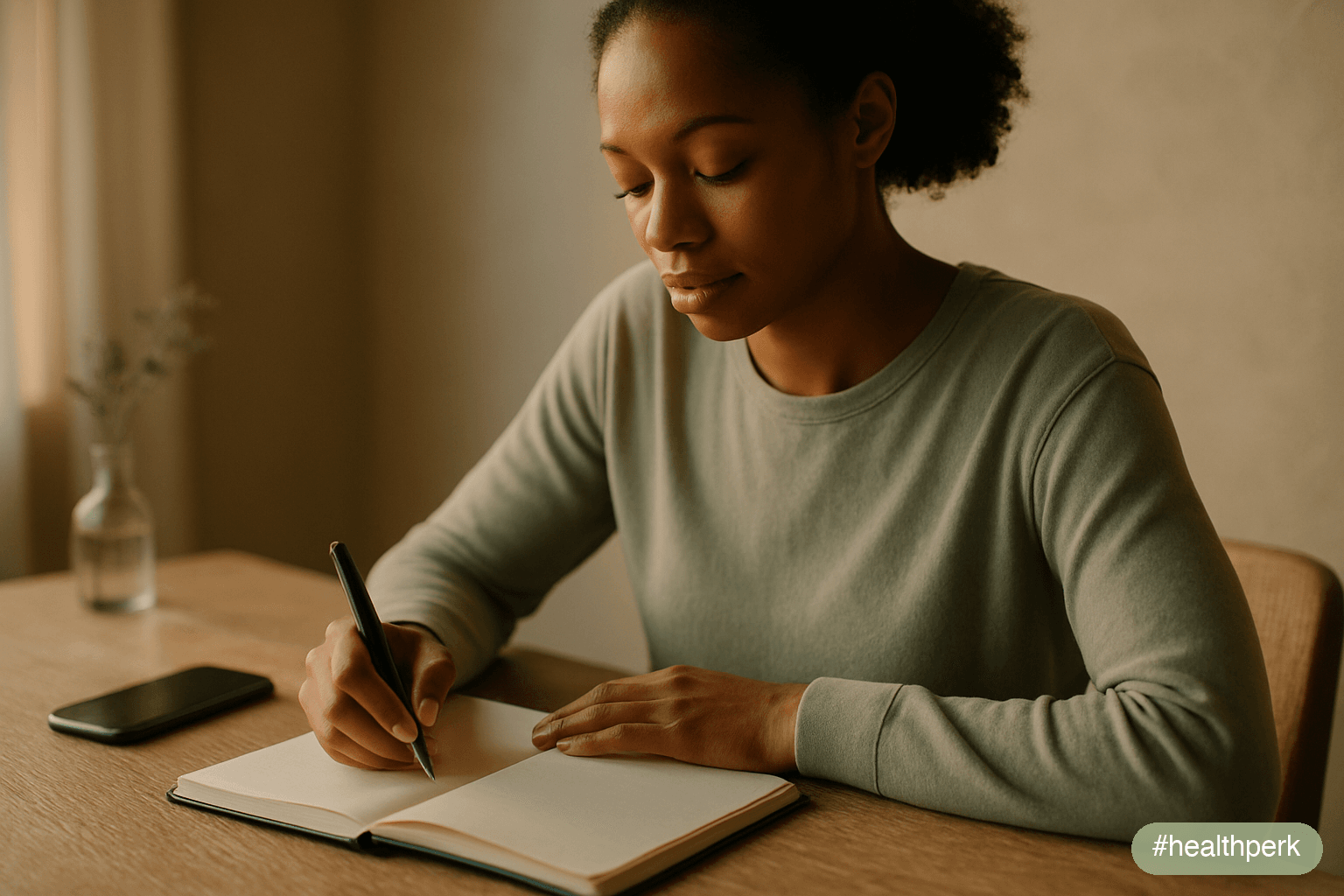 A person mid-morning in a relaxed seated posture — back straight but not rigid, hands resting open on the desk, eyes soft — the posture of someone who slept well and arrived at the day with something