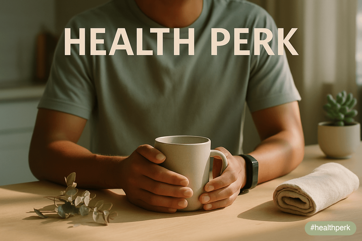 A person at a kitchen table in morning light, hands wrapped around a ceramic mug, posture relaxed and open — the calm, intentional start that sets the tone for the hours that follow, suggesting a day