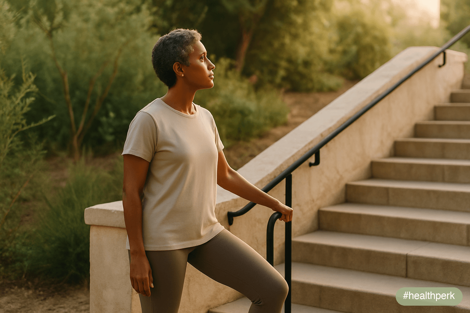 A person at the bottom of a gentle outdoor staircase — feet on the first step, one hand resting lightly on the railing, posture upright and calm, gaze directed up the remaining steps — the image of a