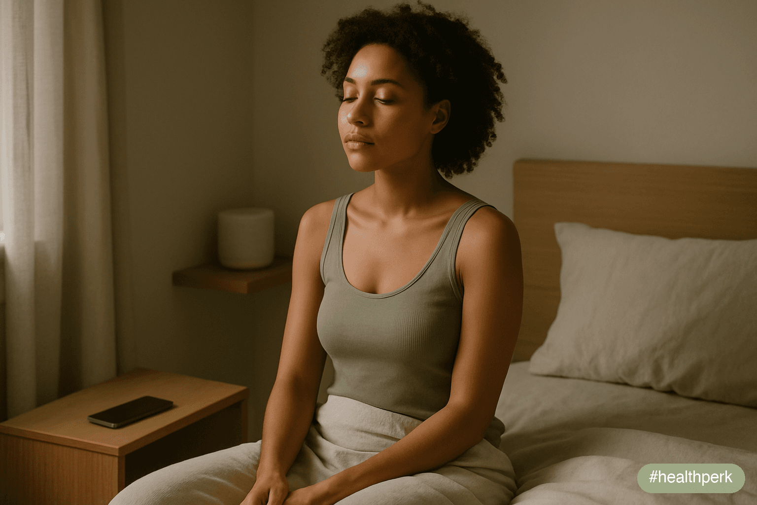 A person in a softly lit bedroom in the hour before sleep — sitting on the edge of the bed, eyes closed, a small bedside speaker on the shelf and a phone face-down on the nightstand — the room arrange