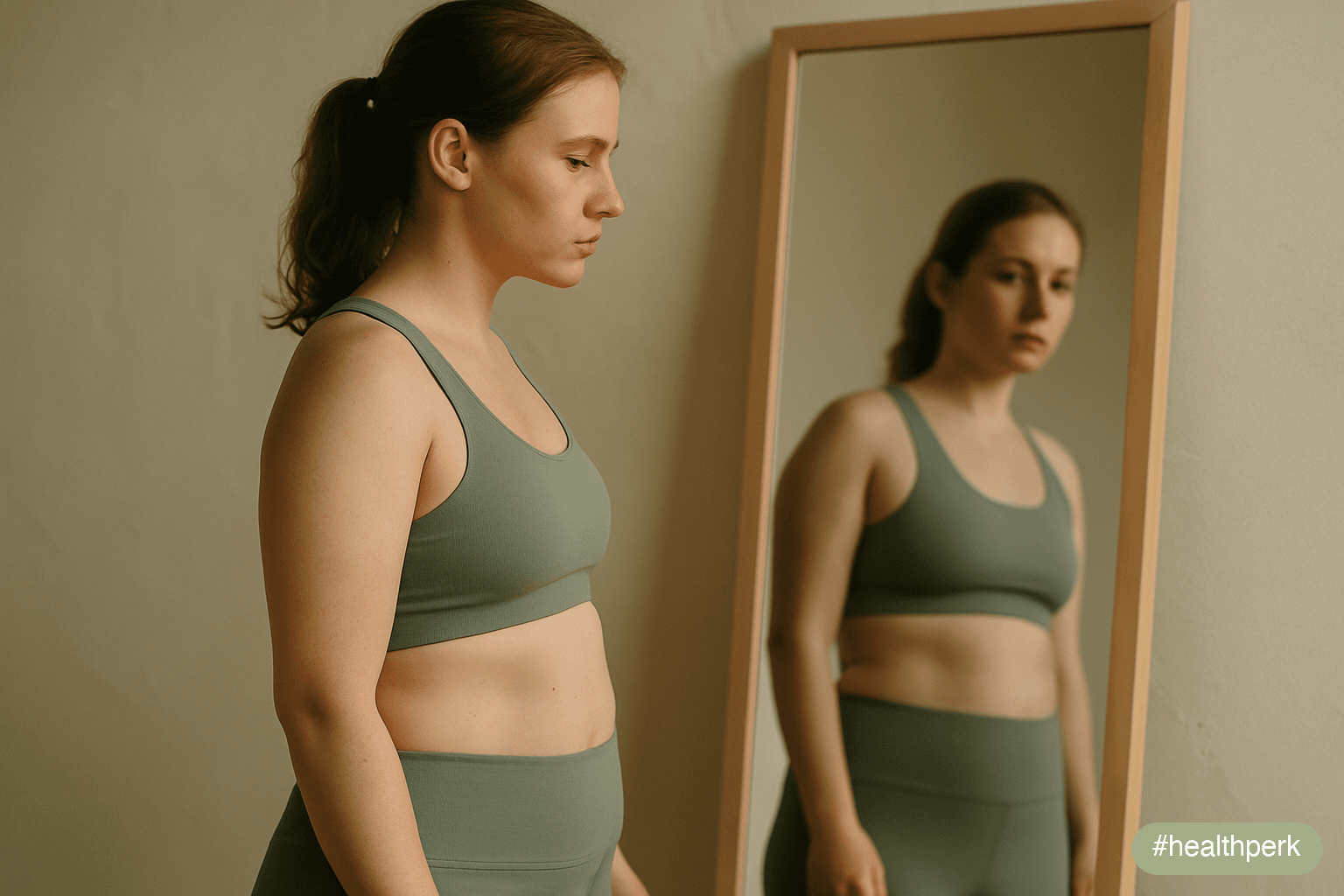 A person standing in a doorway in morning light, relaxed posture, arms loose at their sides, wearing comfortable athletic clothes — not posed or flexed, just present — the light catching form and text