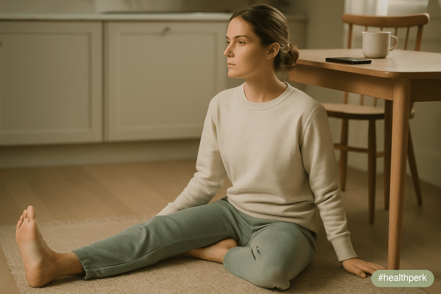 A person in casual morning clothes doing a simple floor stretch beside a kitchen table — one leg extended, torso upright, arms resting naturally at the sides — a phone face-down on the table nearby, a