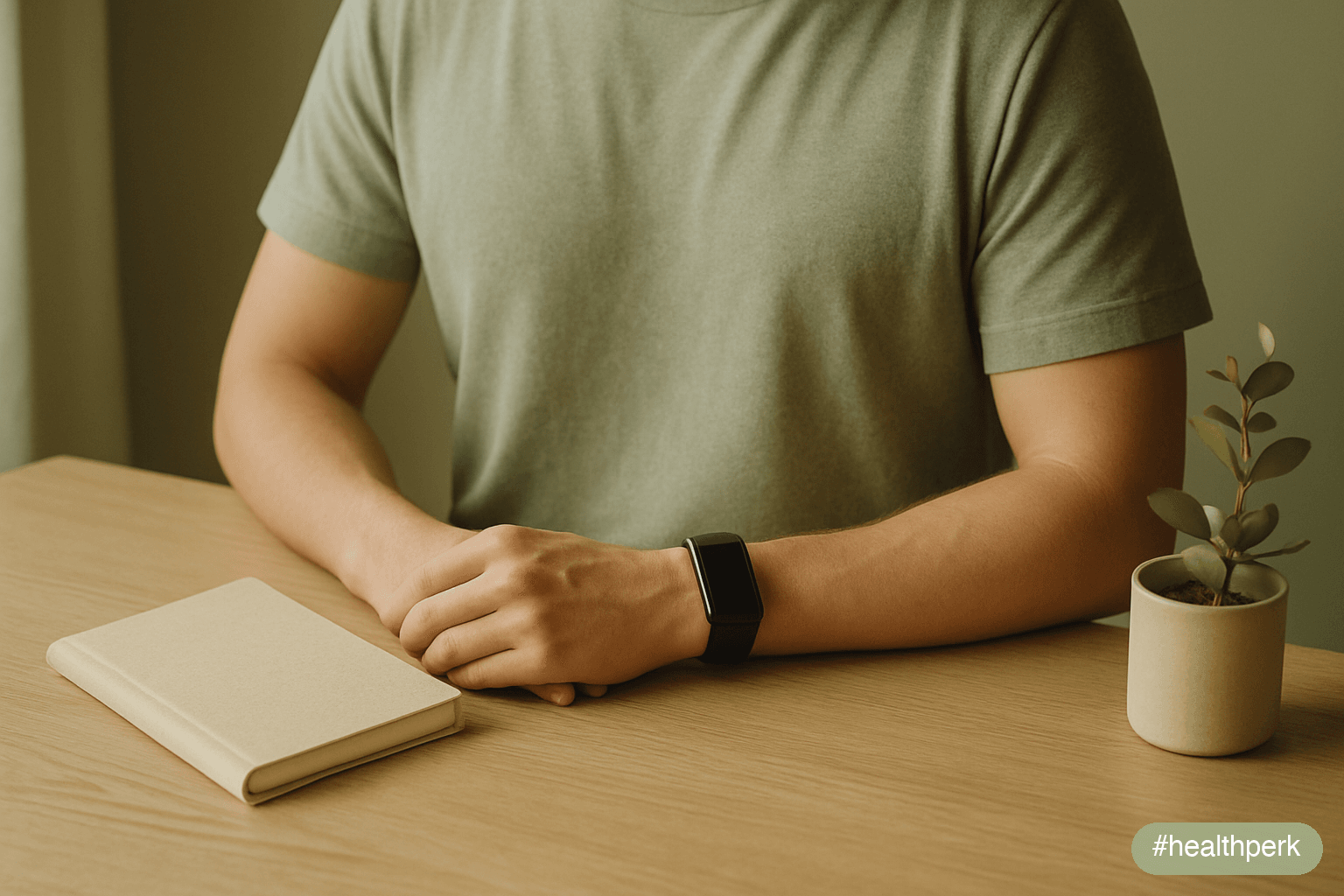 A person seated at a desk in calm morning light, both forearms resting flat on the surface, shoulders visibly relaxed and dropped, hands open in their lap beside a closed journal — a sense of steady,