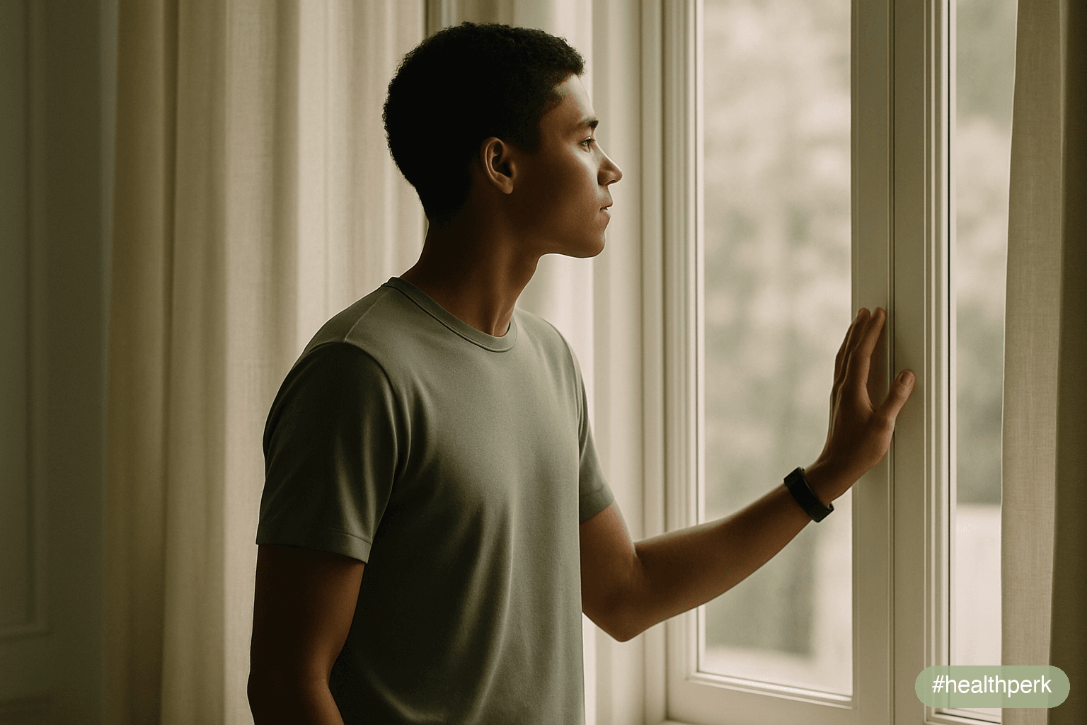 A person standing at a window in early morning, silhouetted against soft light — one hand resting on the window frame, posture easy and open — the image suggesting a layered, whole-day awareness of ho