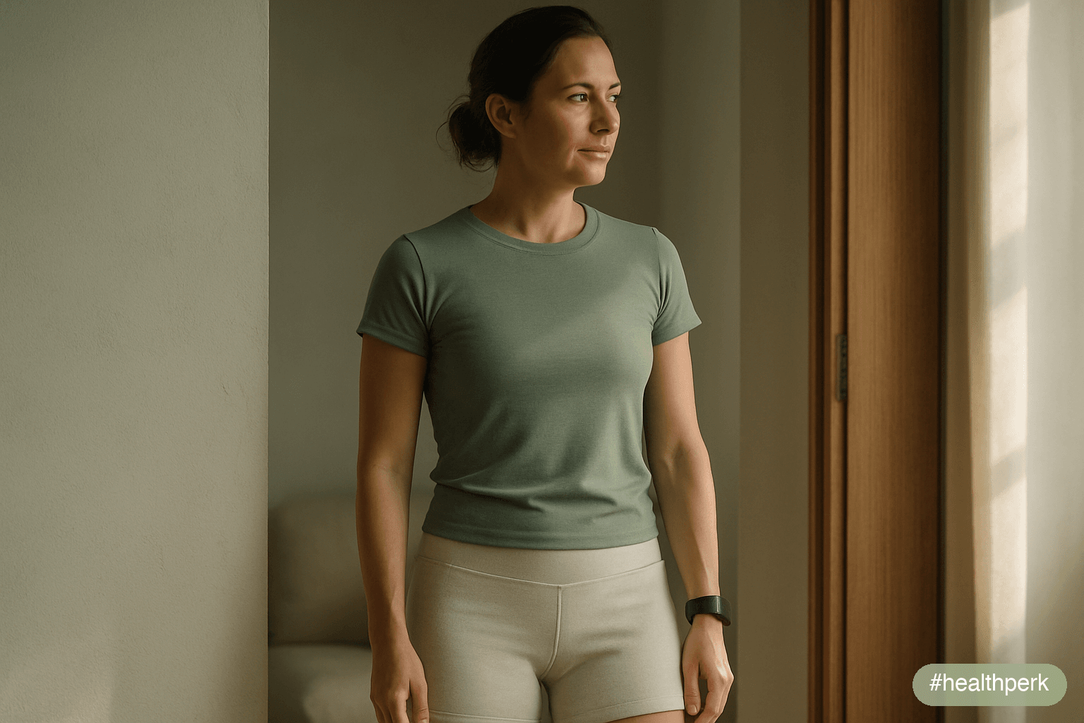 A person in athletic wear examining their reflection in a mirror from a slight side angle, posture neutral and honest — no flexing, no visible text, the image conveying attentive self-observation over