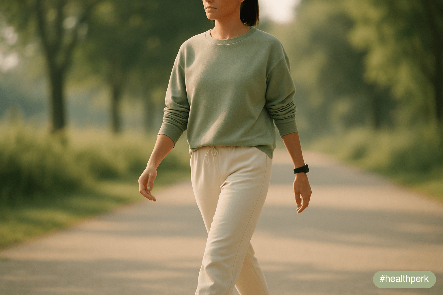 A person walking on an outdoor path, one foot mid-stride, arms relaxed and swinging naturally at their sides — morning light, a soft blurred background of trees — the image of steady forward motion, o