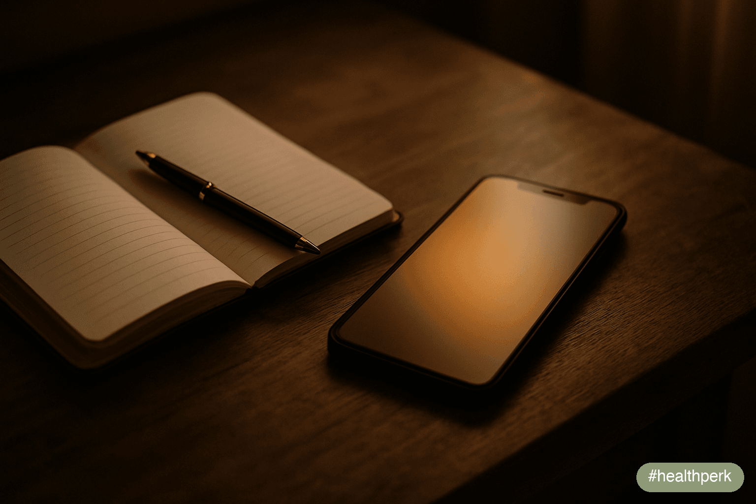 A phone with a gently glowing screen — no visible UI or metrics, just ambient warm light — resting beside a small open notebook on an aged oak surface, the paired tools of a quiet personal experiment: