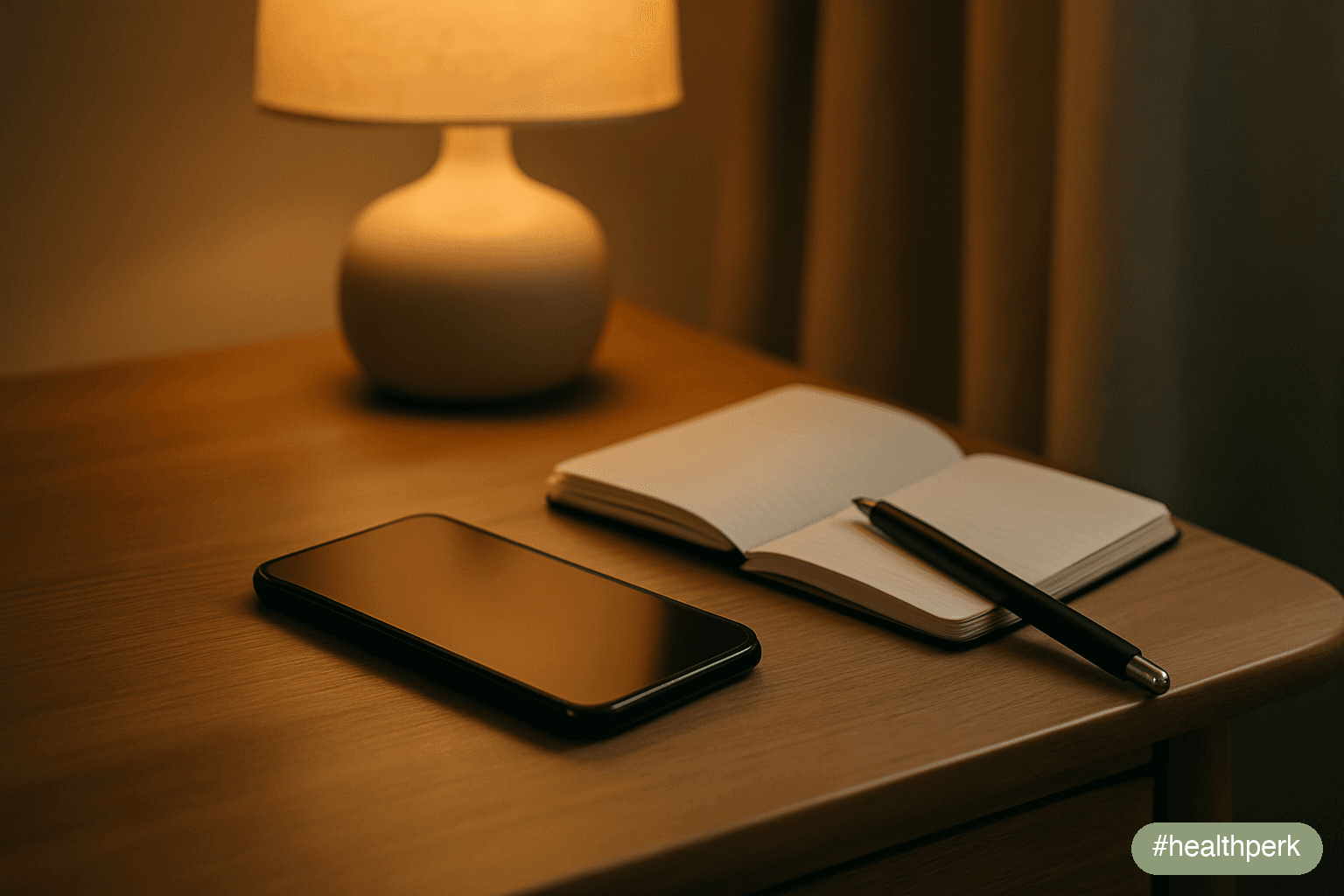 A phone with a softly glowing screen — no visible UI, just a warm ambient light — beside a small open notebook on a wooden desk, the paired tools of someone running a quiet personal experiment: device