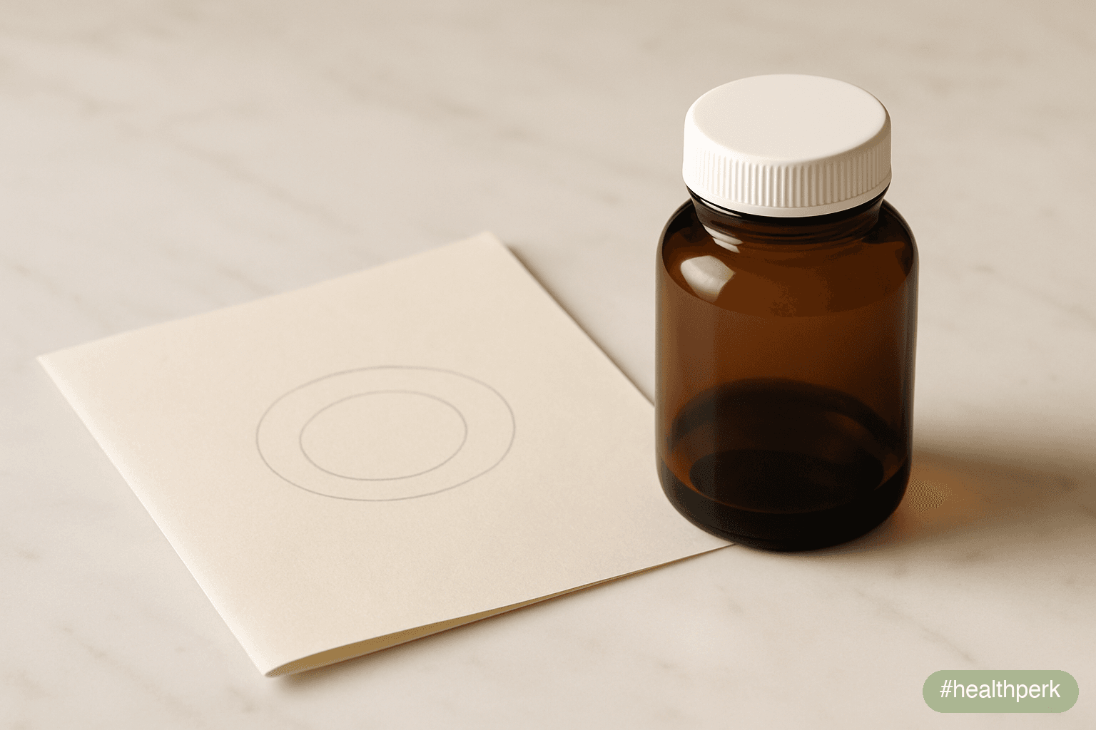 A small amber supplement bottle on one side of a marble surface, a wine glass on the other side angled slightly away — the two objects in quiet visual tension, one modest and clinical, one social and