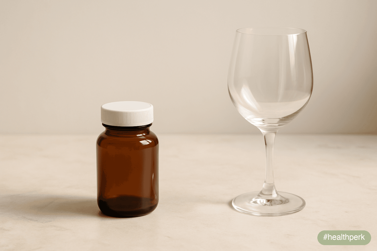 A single small amber supplement bottle on a clean marble surface beside a folded piece of paper with a simple hand-drawn shape — a circle with a smaller circle inside — suggesting cellular structure w