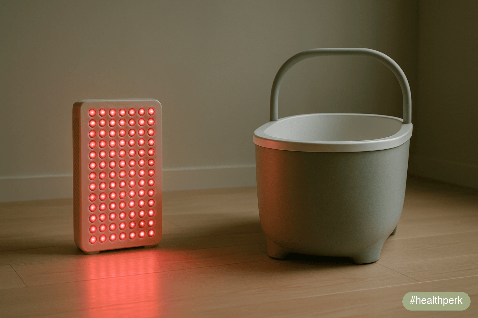 A small red LED panel and a compact cold plunge tub placed side by side on a wood floor with a deliberate gap between them — each object distinct in shape, material, and purpose, no labels, the visual