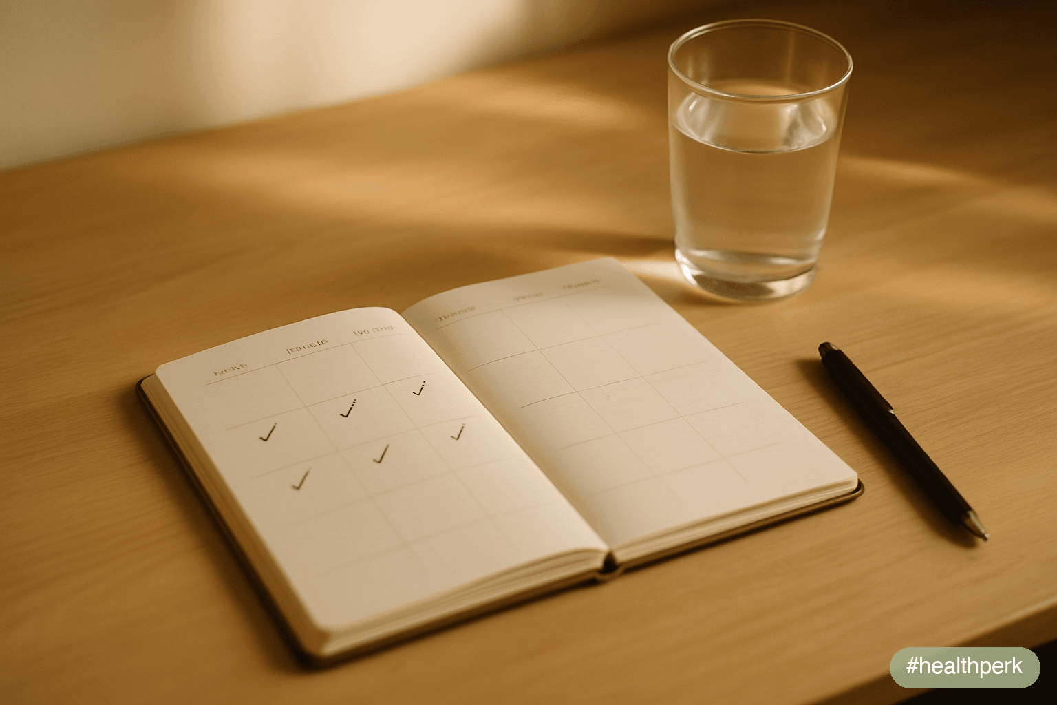 A week-view planner open on a desk — five days with small marks, one with a lighter mark, one left empty — beside a glass of water and a pen, the page too blurred to read but the rhythm of the week le