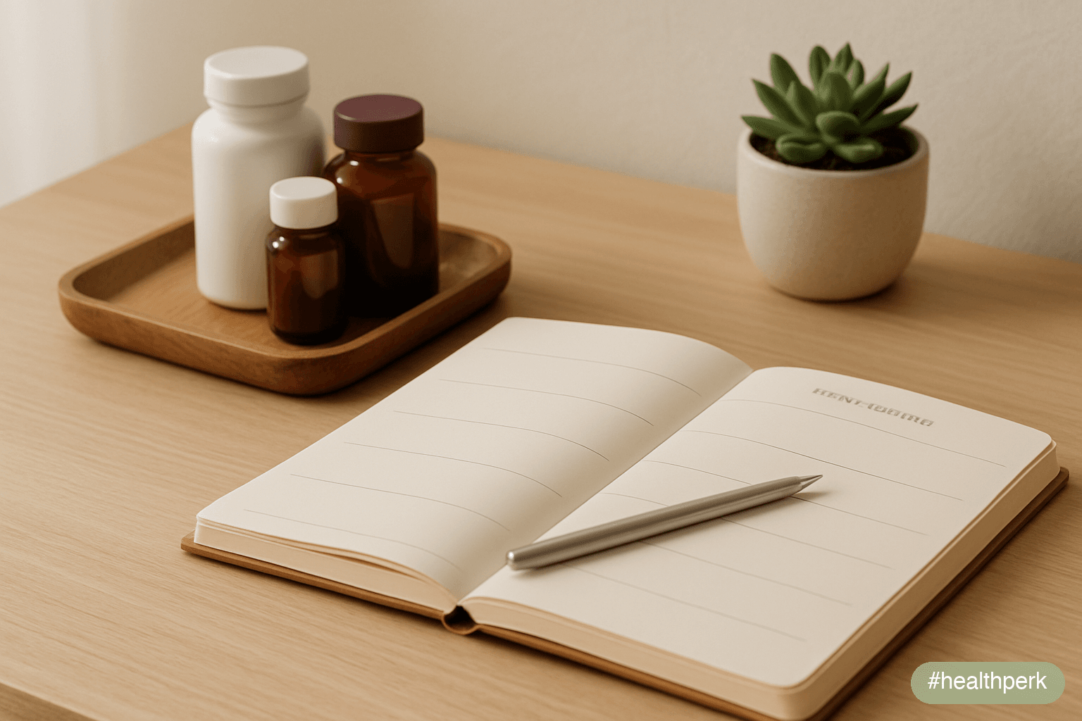 A weekly planner open on a desk beside a small tray of supplement bottles — seven rows of small empty checkbox squares visible on the planner page, no readable text — the quiet infrastructure of daily