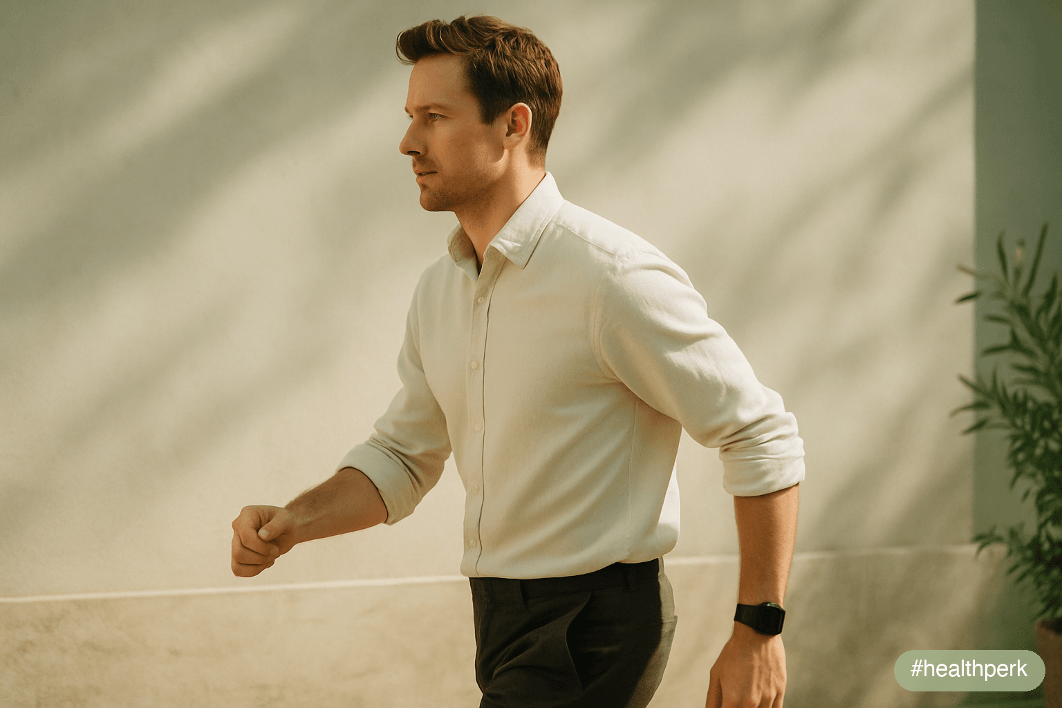 Wide horizontal photo of an adult walking briskly outdoors in midday natural light after lunch, sleeves rolled up, looking alert rather than groggy — illustrating how to avoid the afternoon energy crash through movement, light, and meal structure.