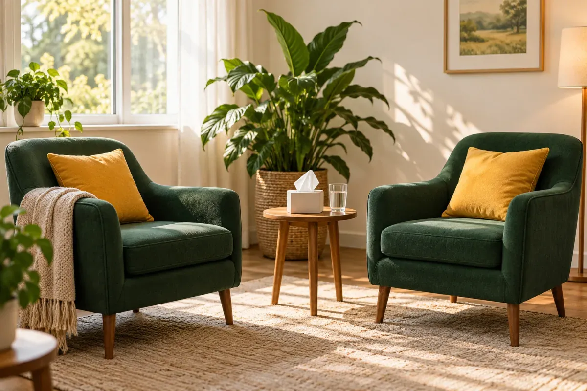 Two green armchairs with yellow cushions facing a small table with tissues and a glass of water in a sunlit room with plants