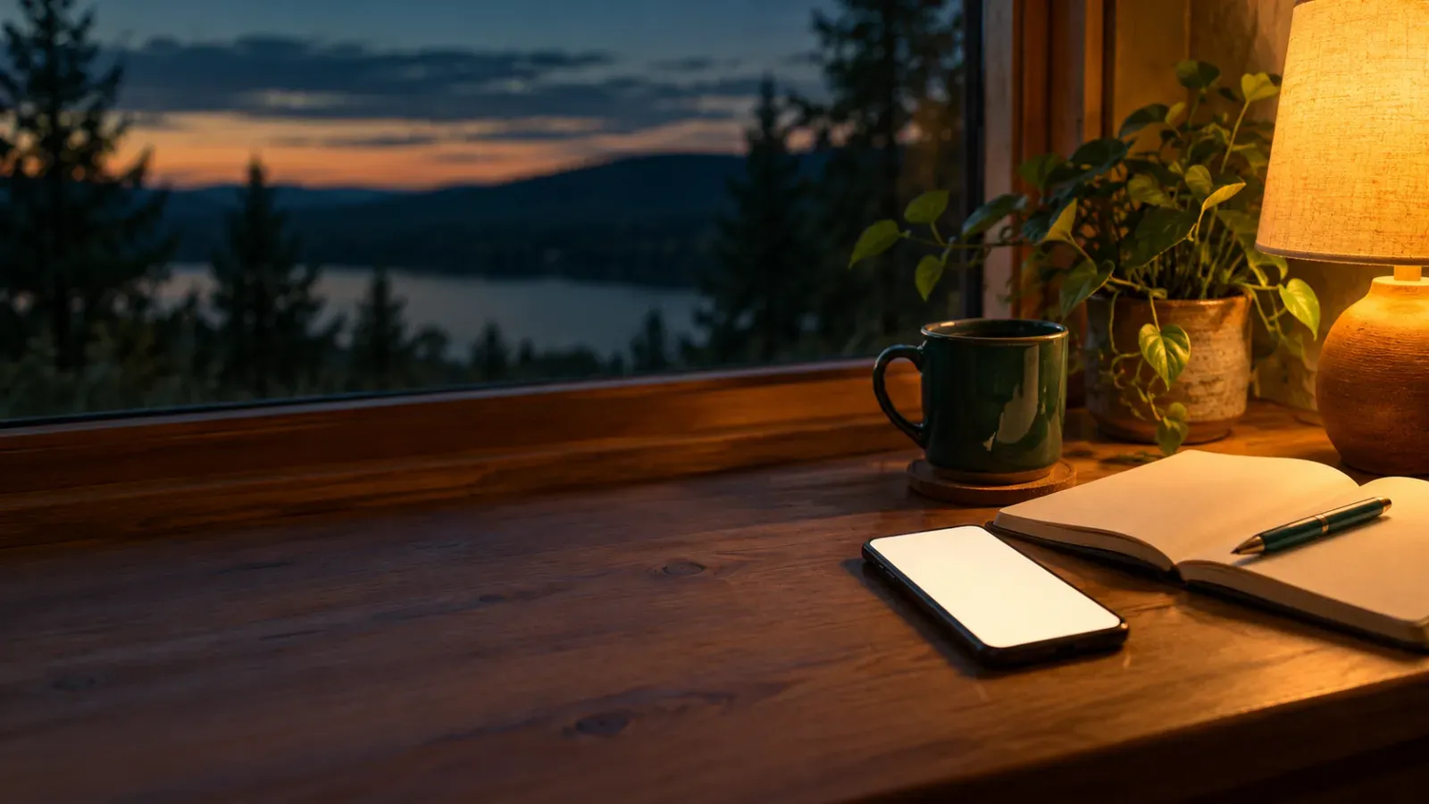 A blank glowing phone, an open blank notebook with a pen, a green mug and a potted plant on a wooden windowsill under warm lamplight at dusk