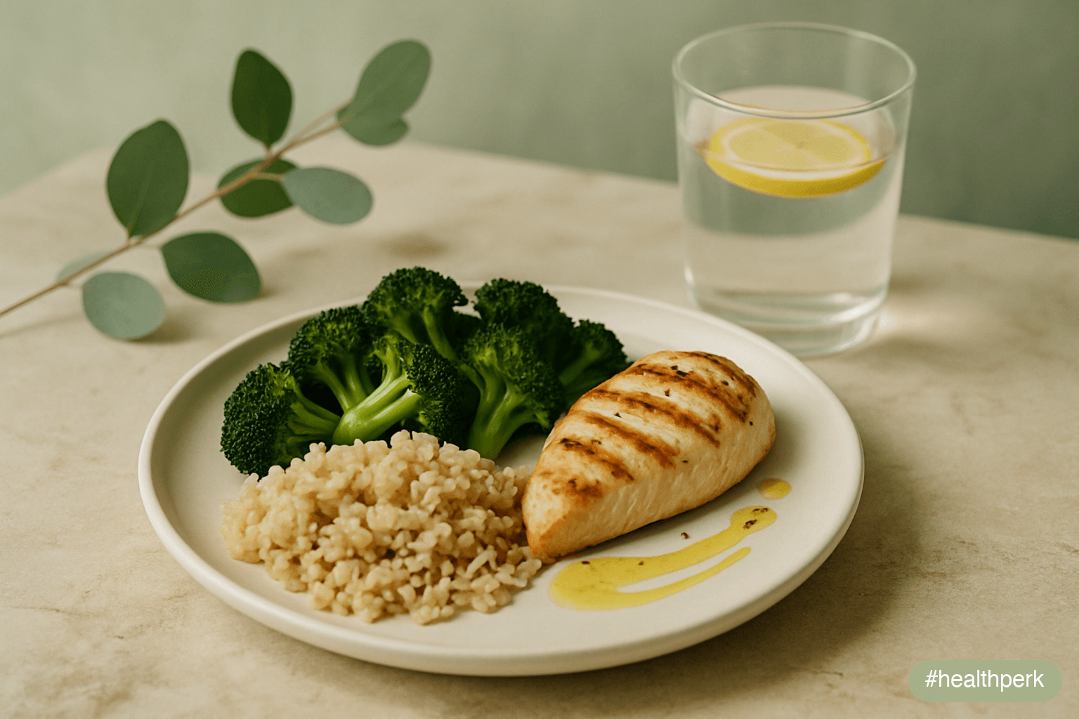 Photo or diagram of a plate divided into protein (palm-sized), non-starchy vegetables (half the plate), whole-grain or starchy vegetable (quarter), healthy fat drizzle, and a glass of water with a slice of lemon — illustrating an anti-crash lunch template.