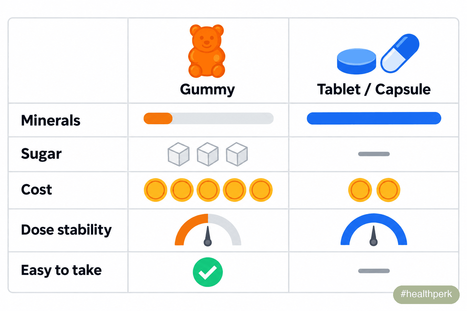 Infographic comparing gummy vitamins with tablets and capsules on minerals, sugar, cost, and dose stability
