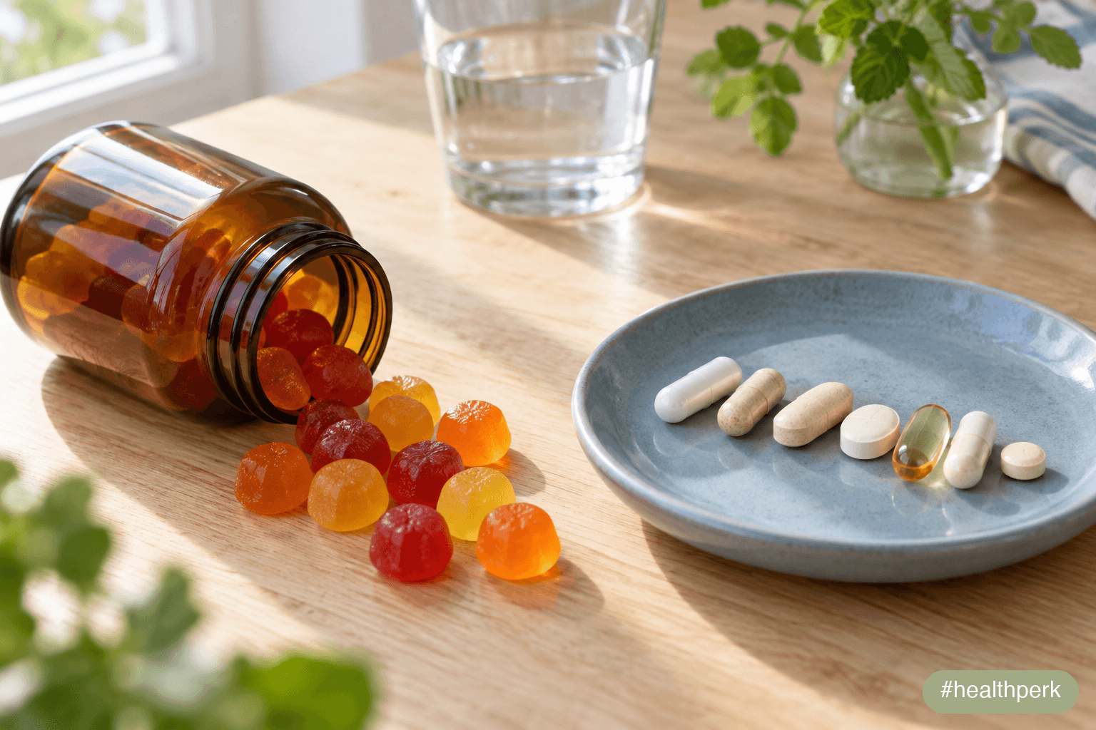 Assorted gummy vitamins next to standard vitamin tablets on a kitchen counter, illustrating whether gummy vitamins are worth it