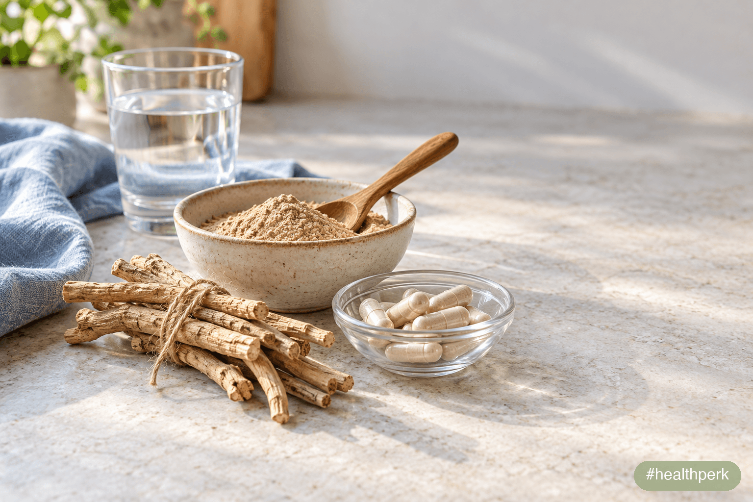 Ashwagandha side effects explained: ashwagandha root, powder, and capsules on a kitchen counter in morning light
