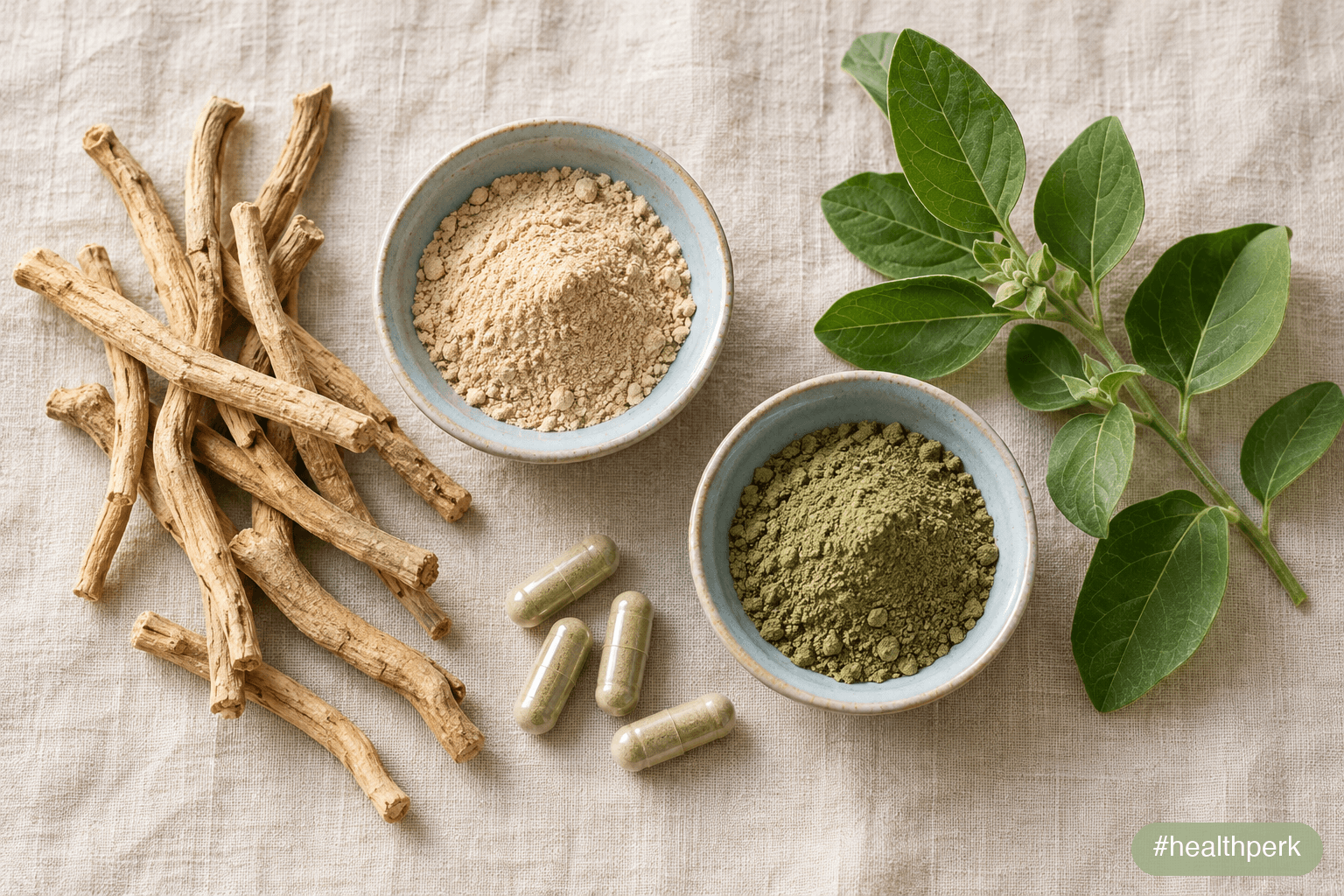 Ashwagandha root versus leaf extract side by side: dried roots, green leaves, and capsules on a linen cloth