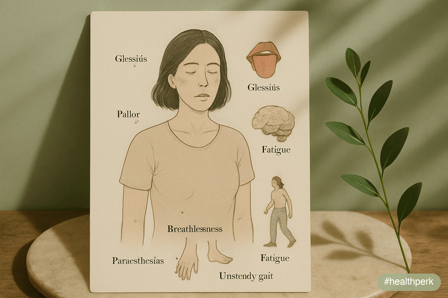 Annotated body diagram showing common B12 deficiency presentations: glossitis (tongue), pallor (face), breathlessness (chest), paresthesias (hands and feet), unsteady gait, brain fog, mood changes — illustrating B12 deficiency symptoms fatigue presentation.