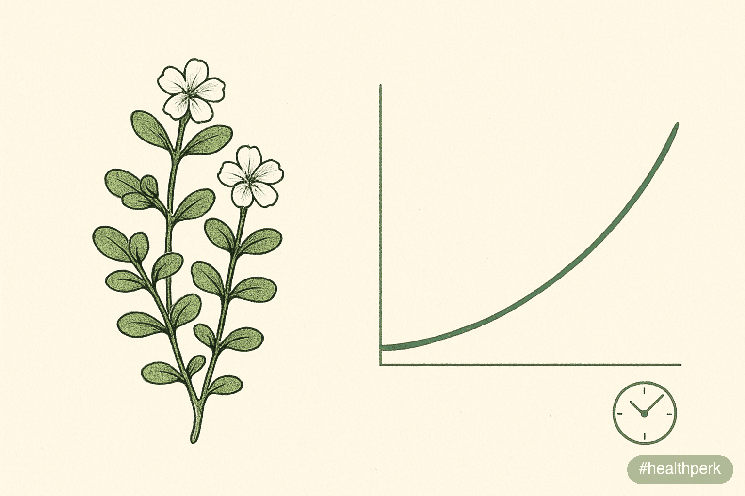 Illustration of bacopa monnieri leaves and a clock representing 12 weeks, alongside a simple line chart showing gradual improvement in memory scores over time, illustrating bacopa monnieri benefits br
