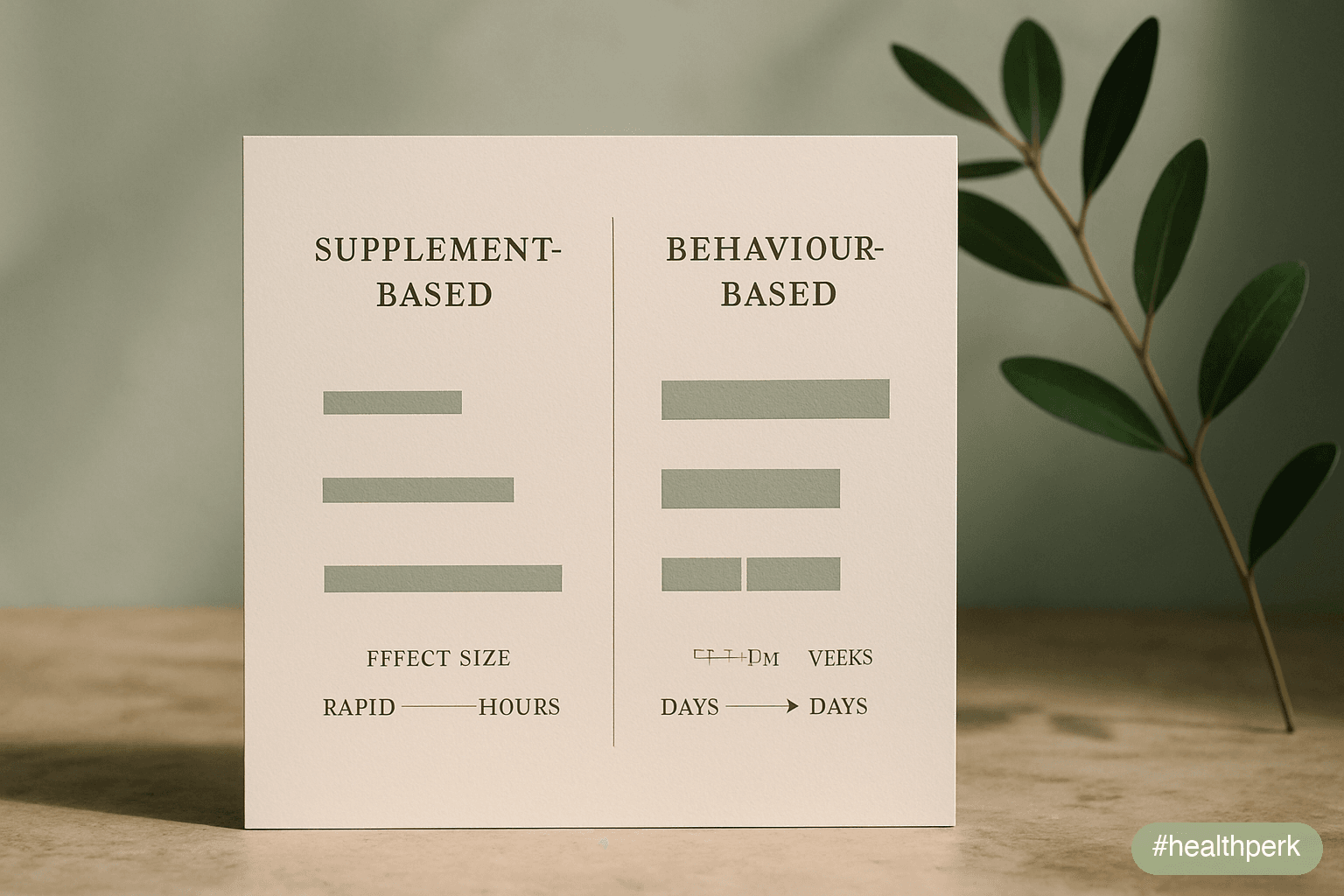 Two-column infographic comparing supplement-based and behavior-based energy levers, with effect sizes and timeframes — illustrating how to improve energy without supplements.