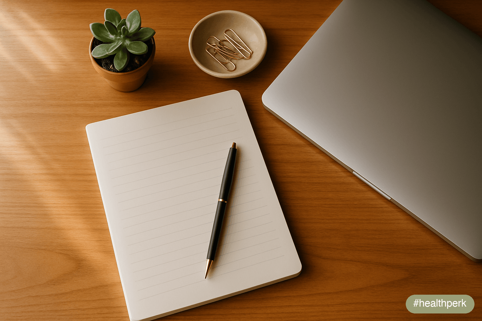 Illustration of a notepad with a numbered list of behavioral focus tips beside a closed laptop, illustrating productivity tips for focus as habits more than software
