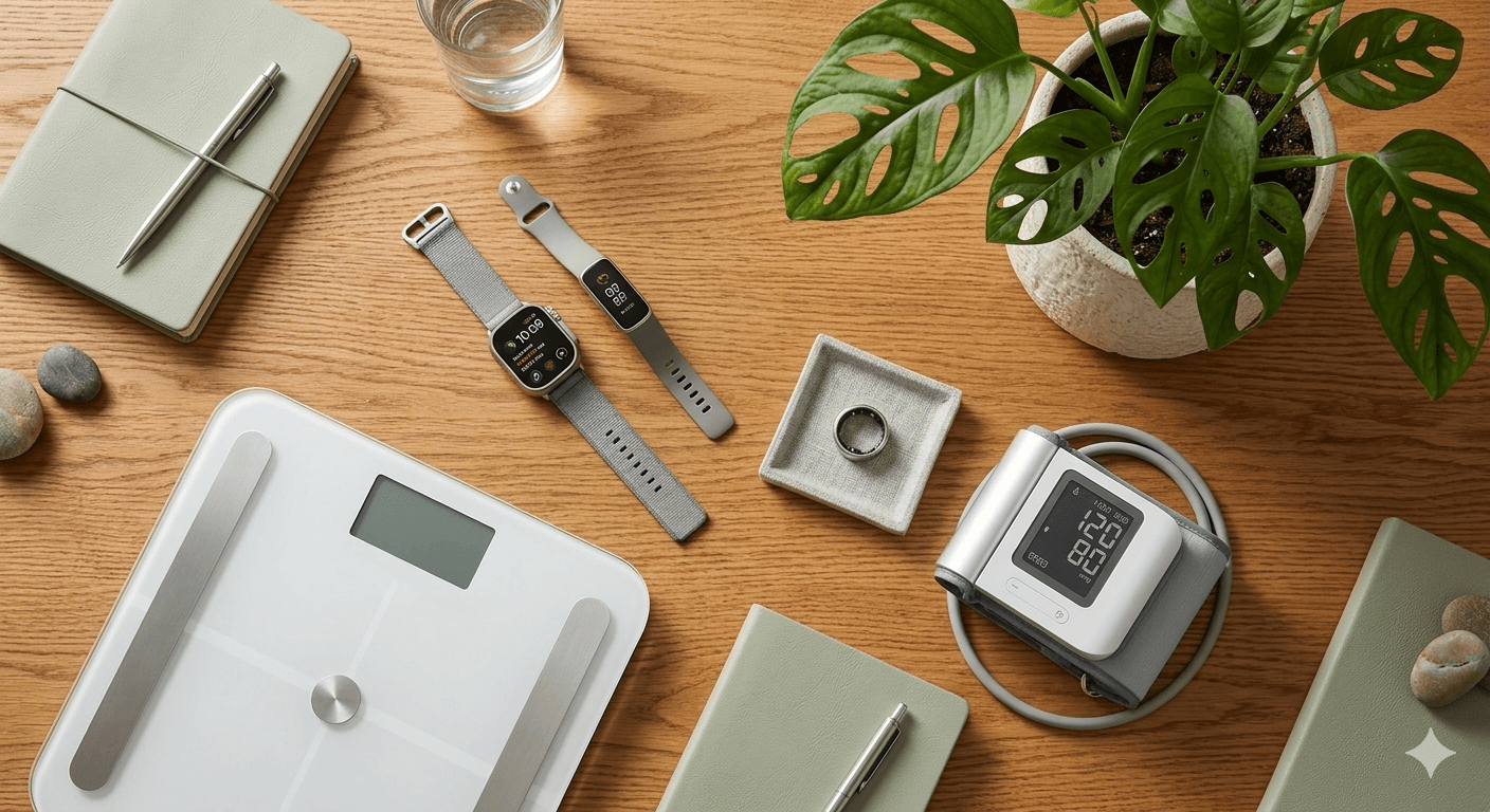 Flat-lay photo of five popular health devices on a wooden desk: a smartwatch, smart ring, blood pressure cuff, smart scale, and fitness tracker, with a potted plant in the background