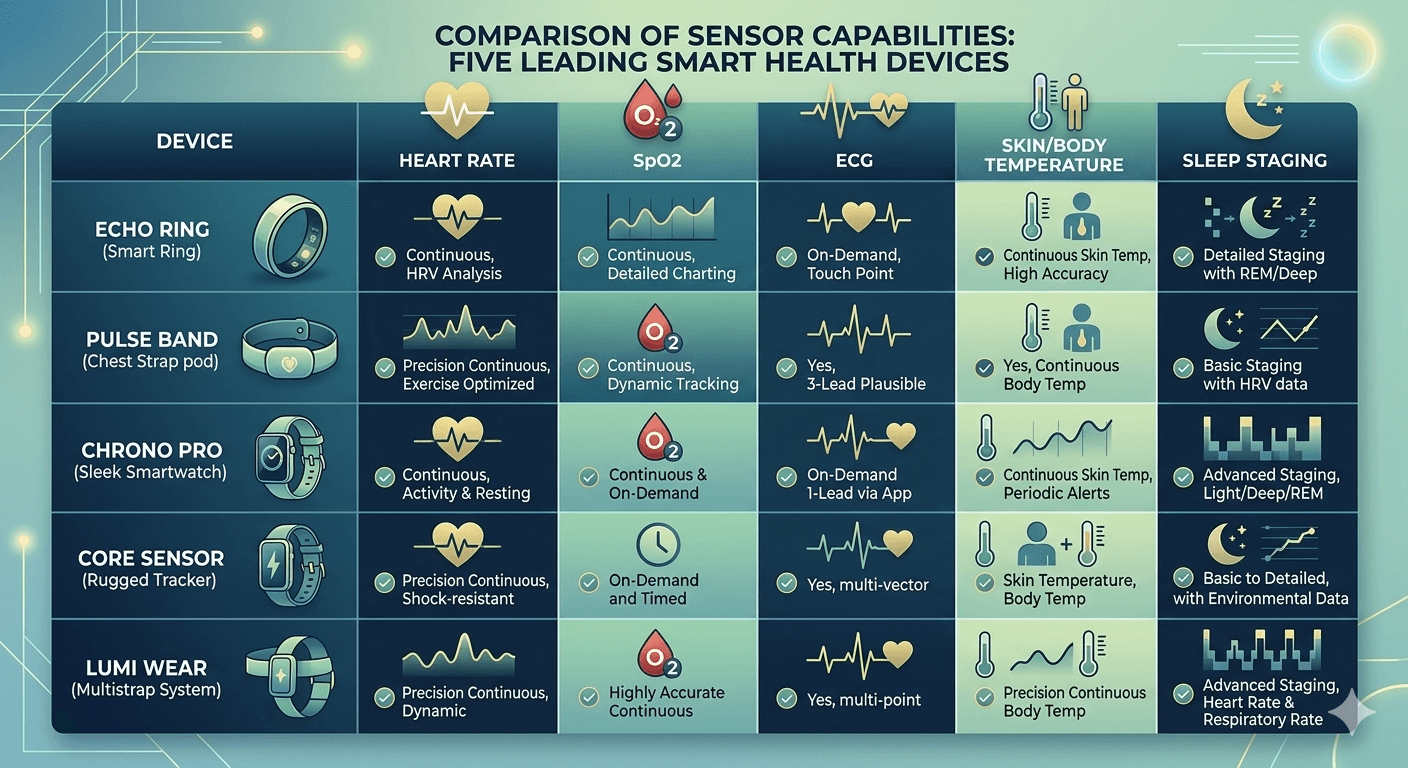 Comparison infographic showing sensor capabilities of five top smart health devices for monitoring, including heart rate, SpO2, ECG, temperature, and sleep staging