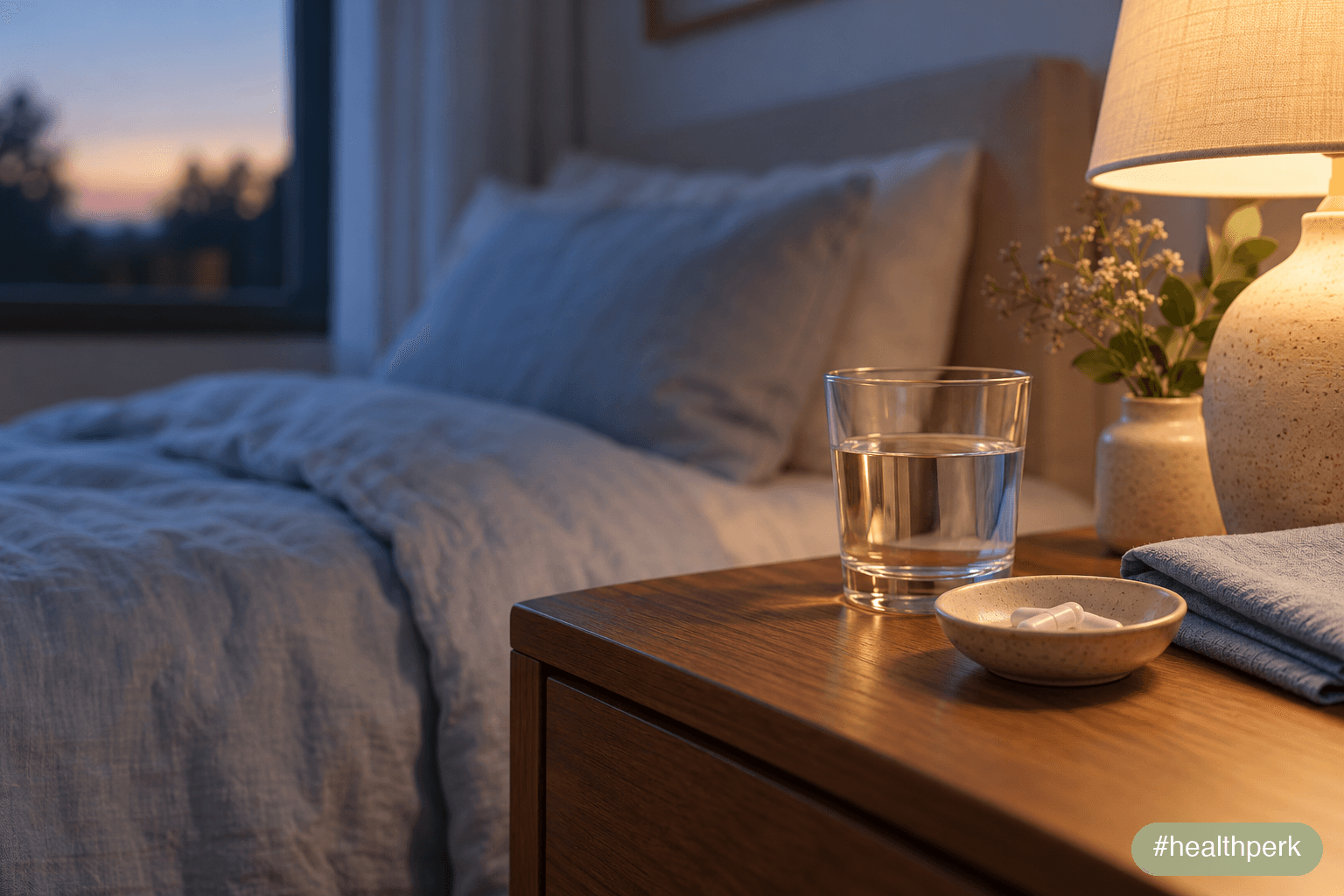 Best time to take magnesium shown as an evening glass of water and capsules on a bedside table