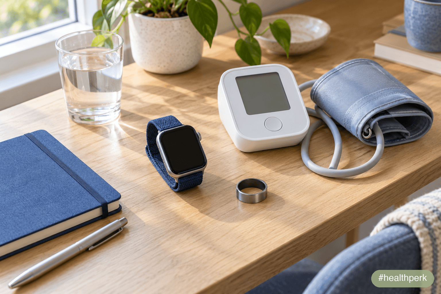 Smartwatch and smart ring blood pressure tracking next to a validated upper-arm cuff on a desk