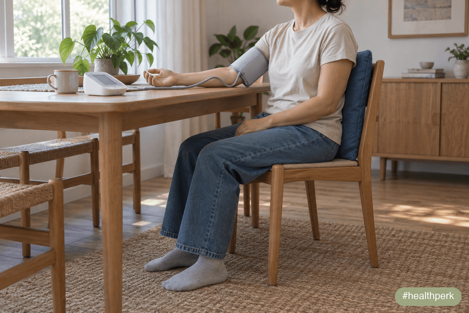 Person measuring blood pressure at home with an upper-arm cuff, seated with back supported and arm resting on a table