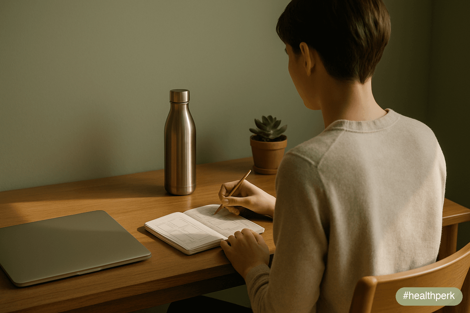 Photo of a person at a desk with a yellow sticky note labeled pacing schedule, water bottle, and a closed laptop in the foreground — illustrating brain fog after COVID how to fix through structured en