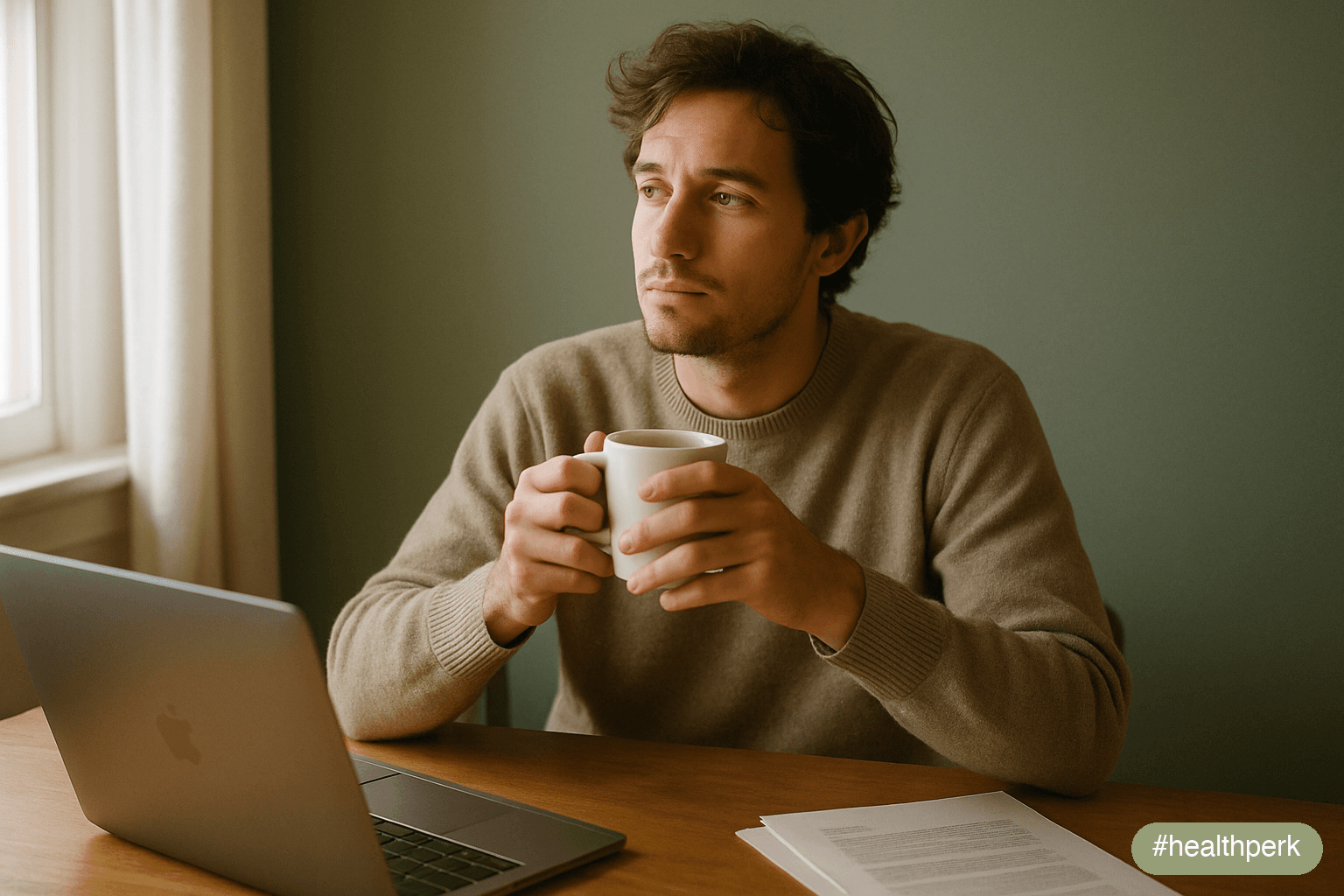Photo of a person sitting at a desk in late-morning light, holding a coffee mug while staring past a laptop screen with a slightly unfocused expression — illustrating brain fog causes and solutions th