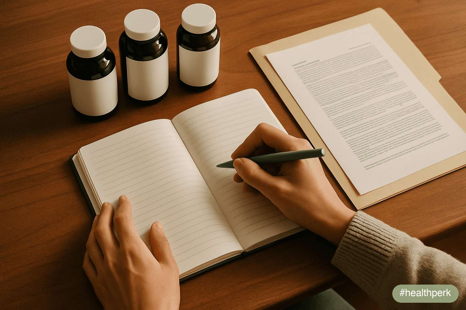 Photo of an adult journaling symptoms next to a small set of clearly labeled supplement bottles — B-complex, omega-3, vitamin D — and a folder of blood test results, illustrating supplements for brain