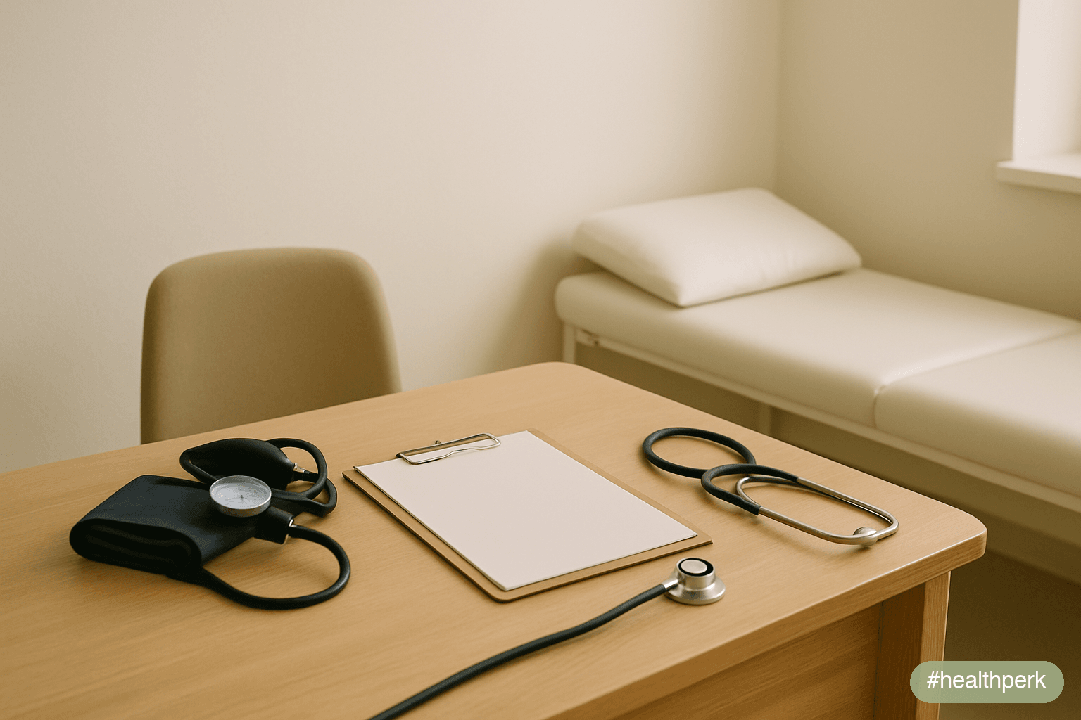 Photo of a primary-care examination room with a clipboard and a blood pressure cuff on the desk — neutral lighting — illustrating brain fog causes and treatment escalation when self-directed measures