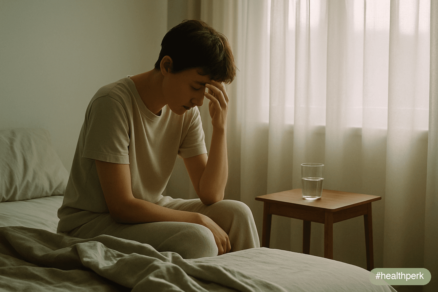 Photo of a bedroom in early dawn light, with a person sitting on the edge of the bed rubbing their forehead, an unmade duvet beside them — illustrating brain fog in the morning before the prefrontal c