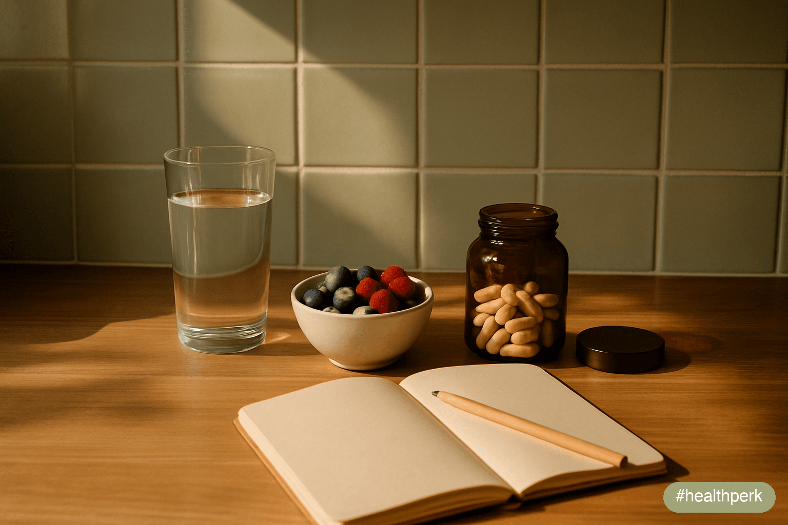 Photo of a kitchen counter with a glass of water, a bowl of berries, a small jar of magnesium glycinate capsules, and a journal — soft afternoon light — illustrating how to get rid of brain fog natura